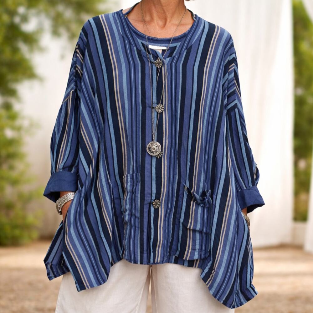 Avenue Linen Blend Button-Up Top Blue Striped Size 26/28 NWT Casual Boho